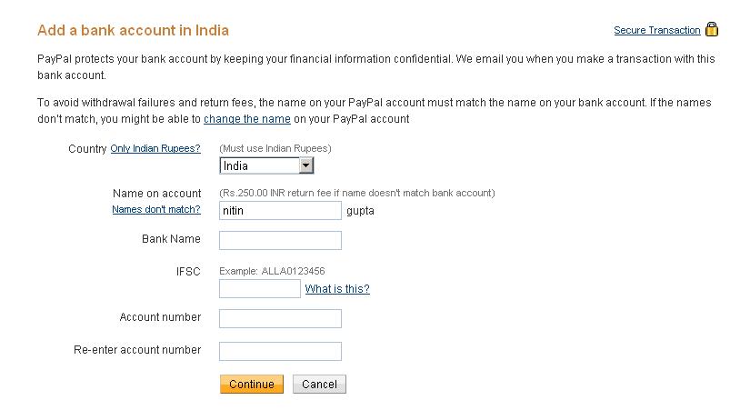 attach an Indian bank account to your paypal account